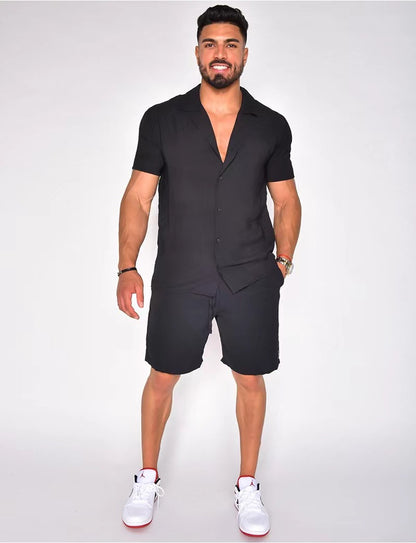 Herren Baumwoll-Leinen Sommer-Set - Hawaiischer Stil