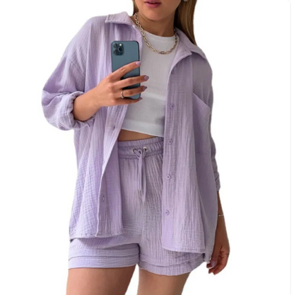 Wrinkled Fabric Lapel Shirt and Shorts Casual Set