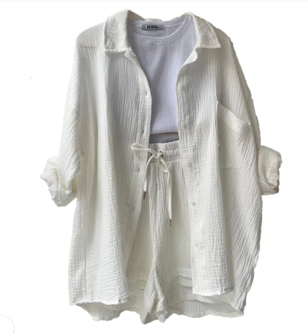 Wrinkled Fabric Lapel Shirt and Shorts Casual Set