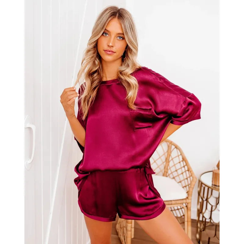 Silk Short-Sleeve Pajama Set – Lightweight Chiffon Blend Loungewear