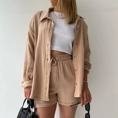 Wrinkled Fabric Lapel Shirt and Shorts Casual Set