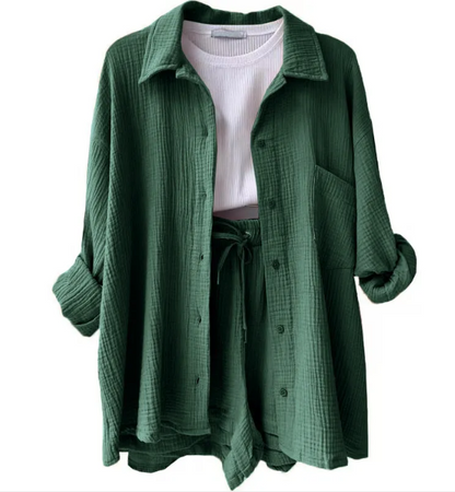 Wrinkled Fabric Lapel Shirt and Shorts Casual Set