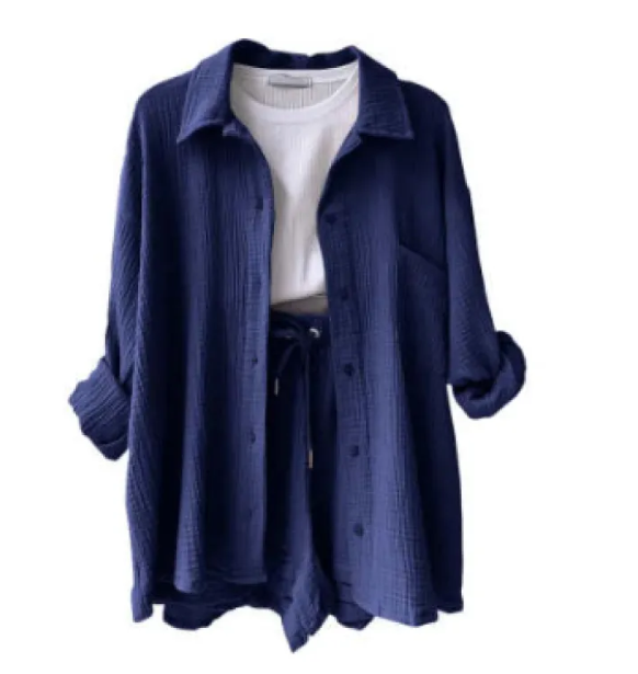 Wrinkled Fabric Lapel Shirt and Shorts Casual Set