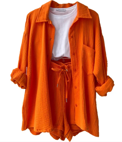 Wrinkled Fabric Lapel Shirt and Shorts Casual Set