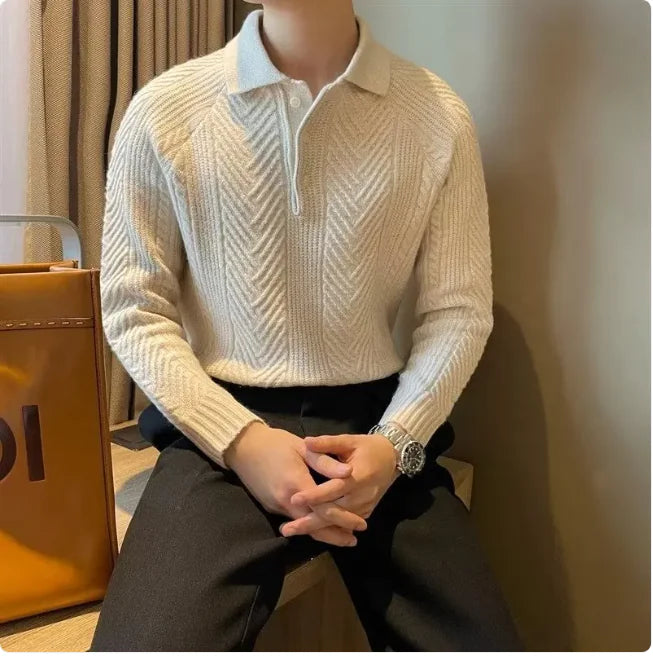 Men's Thermal Knit Polo Sweater – Warm & Stylish Winter Pullover