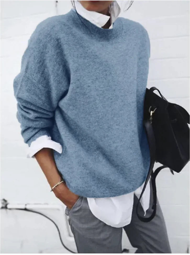 Women’s Long Sleeve Knit Pullover Sweater – Solid Color Fall/Winter Casual Top