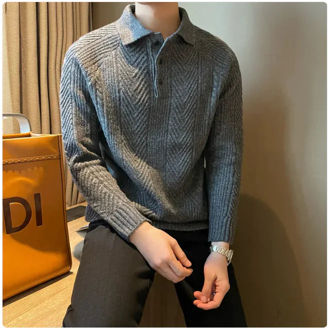 Men's Thermal Knit Polo Sweater – Warm & Stylish Winter Pullover