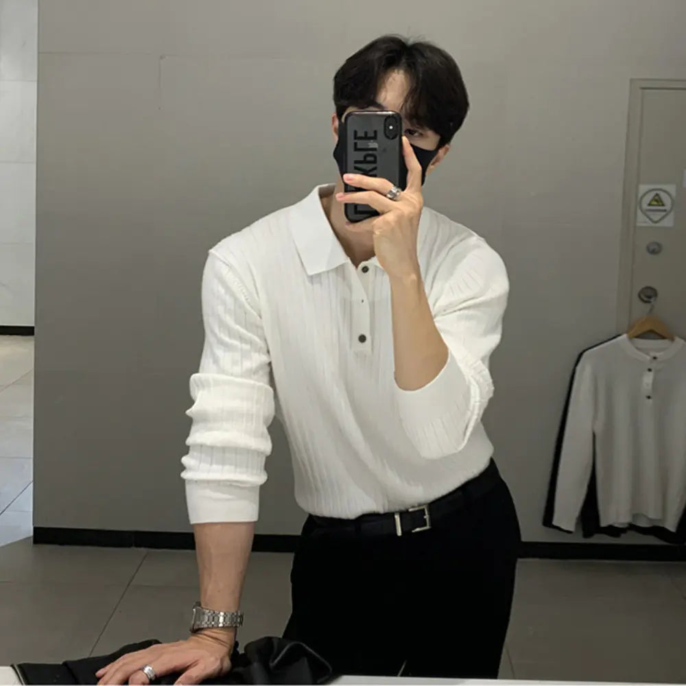 Men's French Style Knitted Polo Shirt with Lapel Design