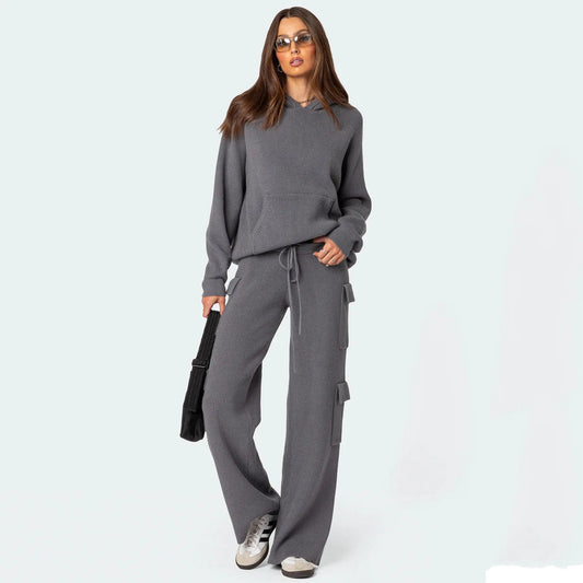 Women’s Luxe Knit Hoodie Cargo Set – Soft Two-Piece Loungewear