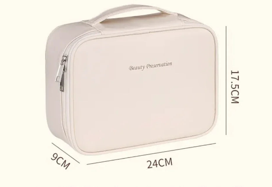 Beige cosmetic bag with dimensions on a white background