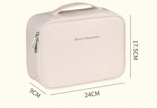 Beige cosmetic bag with dimensions on a white background