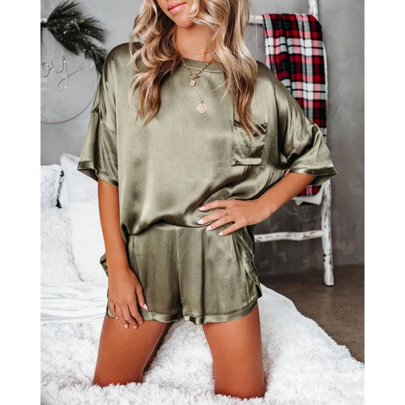 Silk Short-Sleeve Pajama Set – Lightweight Chiffon Blend Loungewear