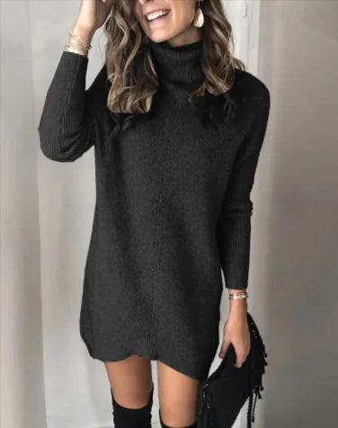 Hollow Knit Sweater Dress – Women’s Long Sleeve Cotton-Blend Knit Dress with Lapel Collar
