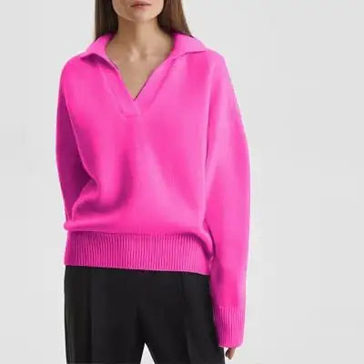 Women’s Knit Polo Neck Pullover – Solid Color All-Season Casual Sweater