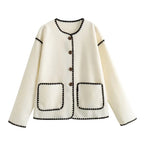 Women’s Autumn Color Block Knit Sweater – Buttoned Loose-Fit Jacket