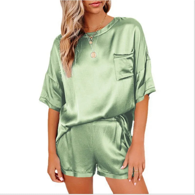 Silk Short-Sleeve Pajama Set – Lightweight Chiffon Blend Loungewear