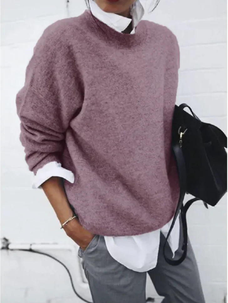 Women's Solid Colour Knit Pullover Sweater | Soft Long Sleeve Autumn Winter Top