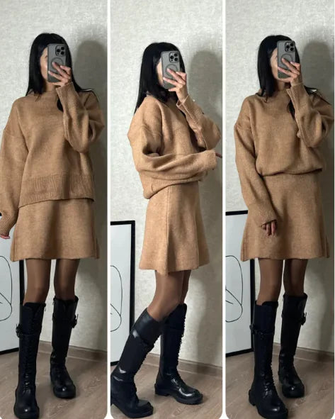 Chic Knit Sweater Skirt Set – Two-Piece Long-Sleeve Pullover