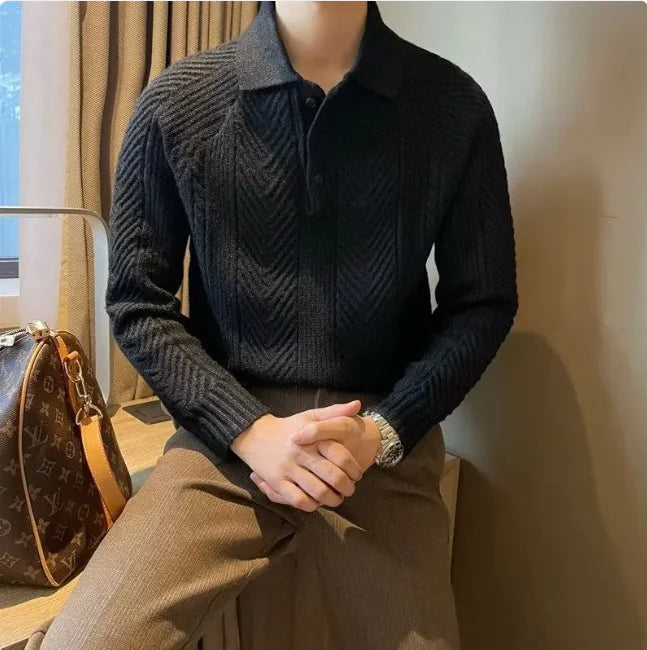 Men's Thermal Knit Polo Sweater – Warm & Stylish Winter Pullover