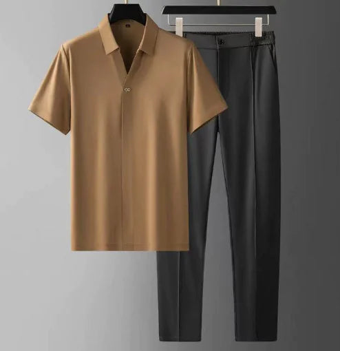 Alexander™ Luxury Men’s Set – Seamless Ice Silk Short-Sleeve Shirt with Matching Bottoms