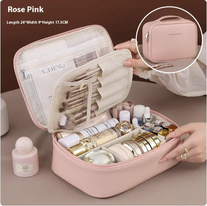 Pink cosmetic bag with beauty products on a neutral background