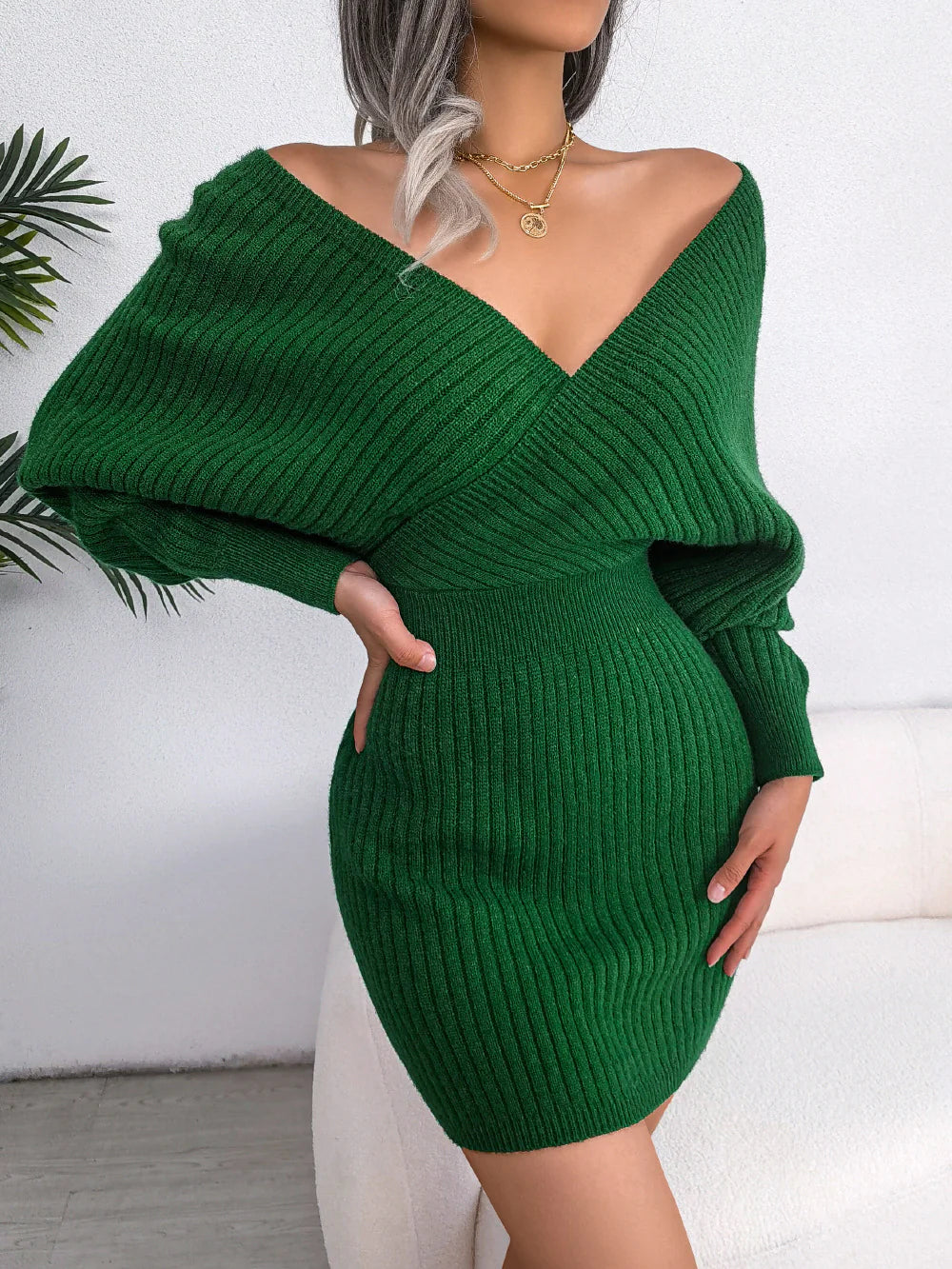 V-Neck Sheath Dress – Women’s Batwing Sleeve Acrylic Bodycon Dress